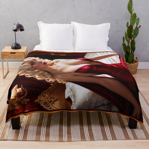 Item preview, Sultry Pinup Platinum Blonde In Red Satin Gown Sitting On Her Bed Mesmerizing AI Concept Art by Xzendor7 designed and sold by Xzendor7 Digital Art Creations.