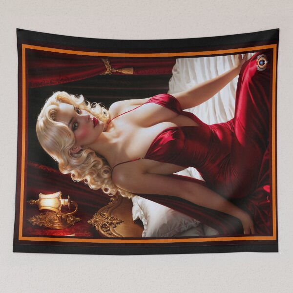 Item preview, Sultry Pinup Platinum Blonde In Red Satin Gown Sitting On Her Bed Mesmerizing AI Concept Art by Xzendor7 designed and sold by Xzendor7 Digital Art Creations.