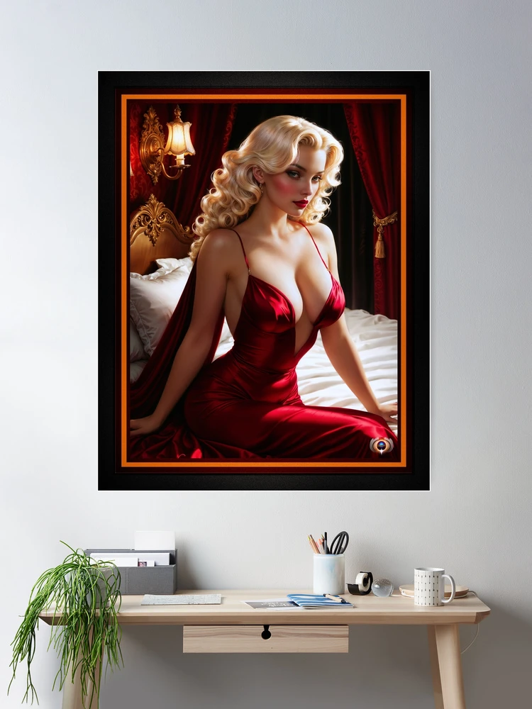 Sultry Pinup Platinum Blonde In Red Satin Gown Sitting On Her Bed Mesmerizing AI Concept Art by Xzendor7 Wall Decor Art Print