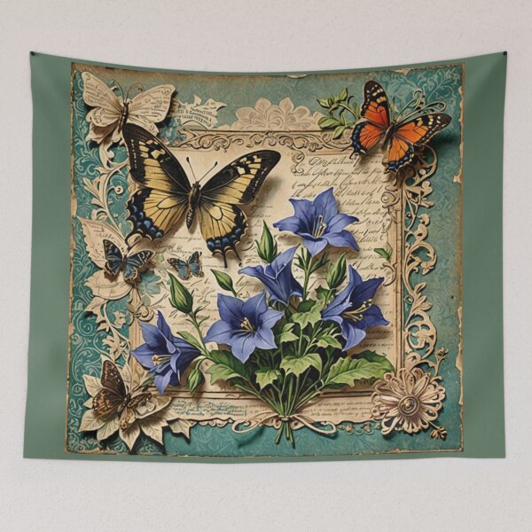 Item preview, Vintage Scrapbook Page: Purple Bellflowers and Butterflies designed and sold by BanaArtbyBB.