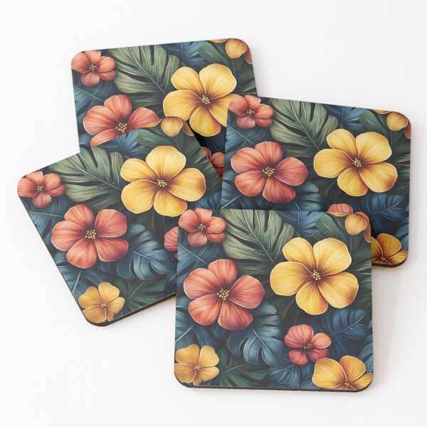Item preview, A tropical flowers vibrant pattern Design in full bloom, set against a background of lush, large, dark green leaves.  designed and sold by HEMRO.