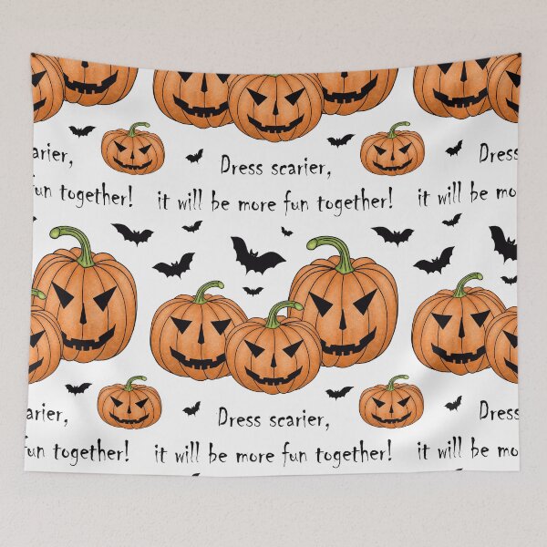 Item preview, Pattern with scary pumpkins and bats and the inscription "Dress scarier, it will be more fun together!" designed and sold by Cherevan.