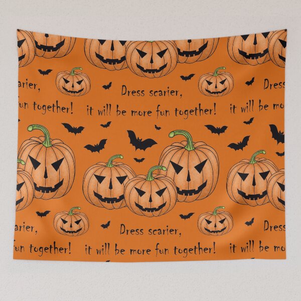 Item preview, Pattern with scary pumpkins and bats and the inscription "Dress scarier, it will be more fun together!" designed and sold by Cherevan.