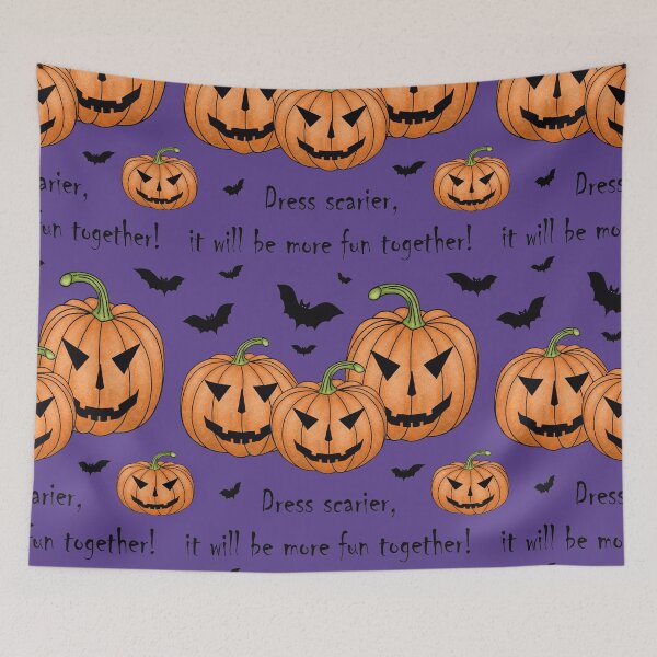 Item preview, Pattern with scary pumpkins and bats and the inscription "Dress scarier, it will be more fun together!" designed and sold by Cherevan.