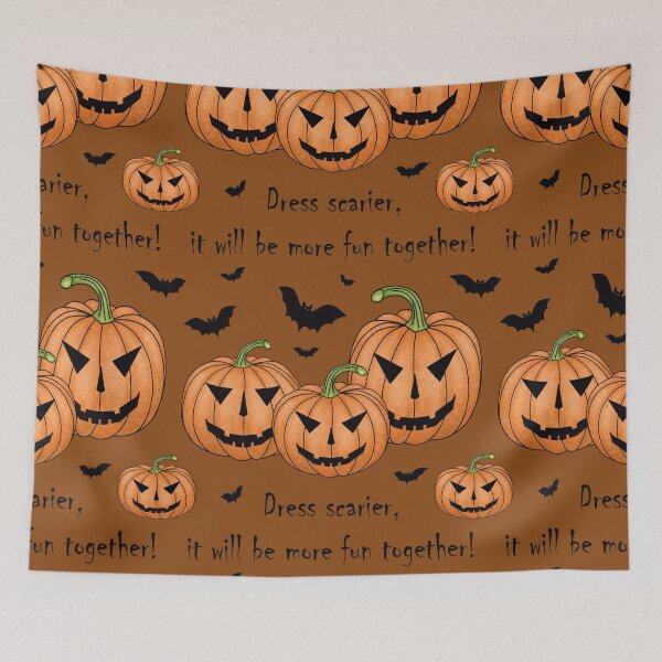 Item preview, Pattern with scary pumpkins and bats and the inscription "Dress scarier, it will be more fun together!" designed and sold by Cherevan.