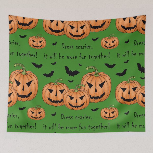 Item preview, Pattern with scary pumpkins and bats and the inscription "Dress scarier, it will be more fun together!" designed and sold by Cherevan.
