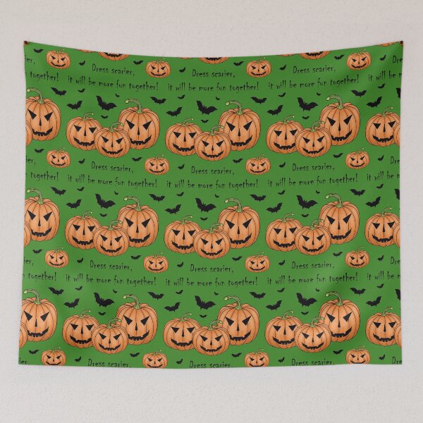 Item preview, Pattern with scary pumpkins and bats and the inscription "Dress scarier, it will be more fun together!" designed and sold by Cherevan.