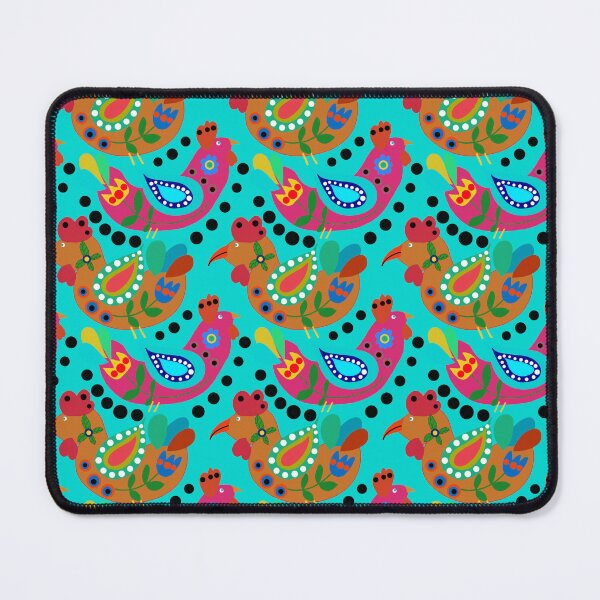 Item preview, Turquoise blue Chicken Folk Art, Fiesta Cluckers, Colorful Birds Pattern, Roosters, blue Background designed and sold by Stephanie Rowan.