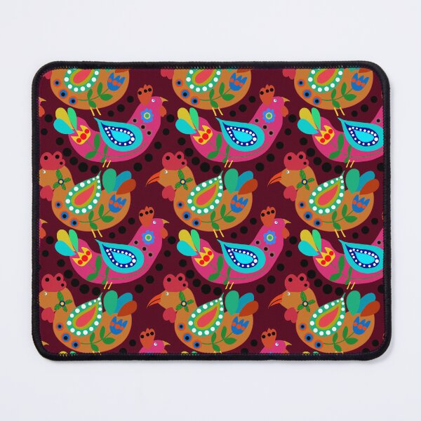 Item preview, Red Chicken Folk Art, Fiesta Cluckers, Colorful Birds Pattern, Roosters, Maroon  Background designed and sold by Stephanie Rowan.