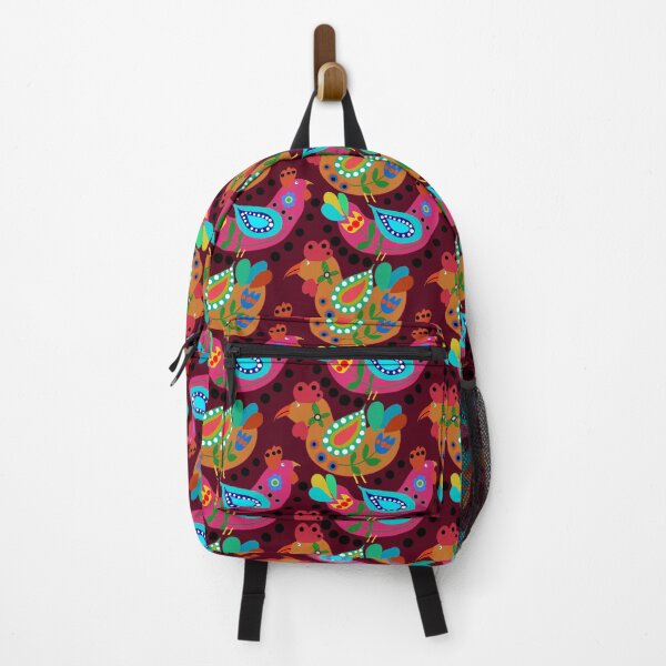 Item preview, Red Chicken Folk Art, Fiesta Cluckers, Colorful Birds Pattern, Roosters, Maroon  Background designed and sold by Stephanie Rowan.