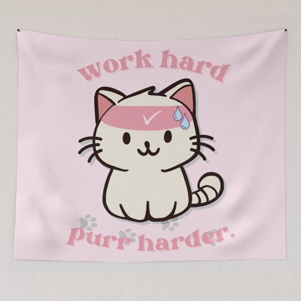 Item preview, cute gym white cat with text work hard purr harder and she's sweating designed and sold by cherrytheory.