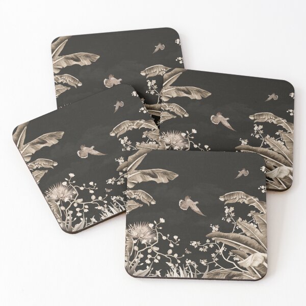 Item preview, pattern tropical forest  dart style wallpaper with palm trees, plants, birds, butterflies and black background designed and sold by hAITHAM1985.