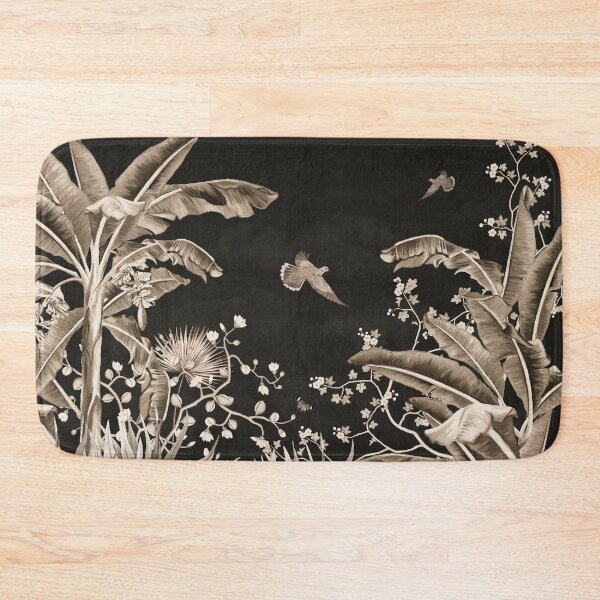 Item preview, pattern tropical forest  dart style wallpaper with palm trees, plants, birds, butterflies and black background designed and sold by hAITHAM1985.