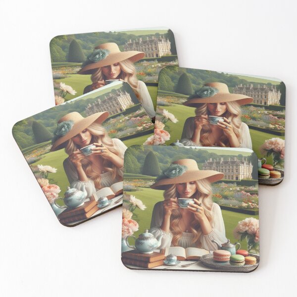 Item preview, An English Woman having a Nice Afternoon in an English Garden with Tea, a Book and Macarons in Silver Platter designed and sold by erkabees.