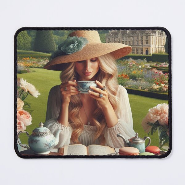 Item preview, An English Woman having a Nice Afternoon in an English Garden with Tea, a Book and Macarons in Silver Platter designed and sold by erkabees.