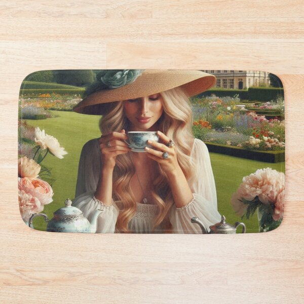 Item preview, An English Woman having a Nice Afternoon in an English Garden with Tea, a Book and Macarons in Silver Platter designed and sold by erkabees.