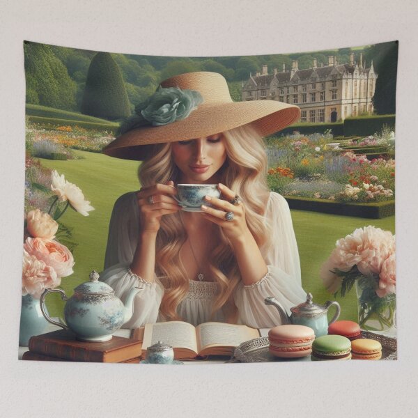 Item preview, An English Woman having a Nice Afternoon in an English Garden with Tea, a Book and Macarons in Silver Platter designed and sold by erkabees.