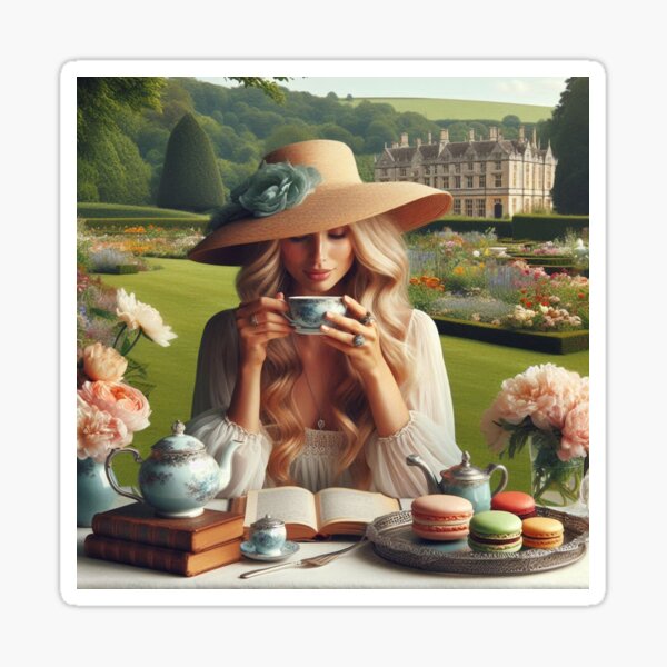 Item preview, An English Woman having a Nice Afternoon in an English Garden with Tea, a Book and Macarons in Silver Platter designed and sold by erkabees.