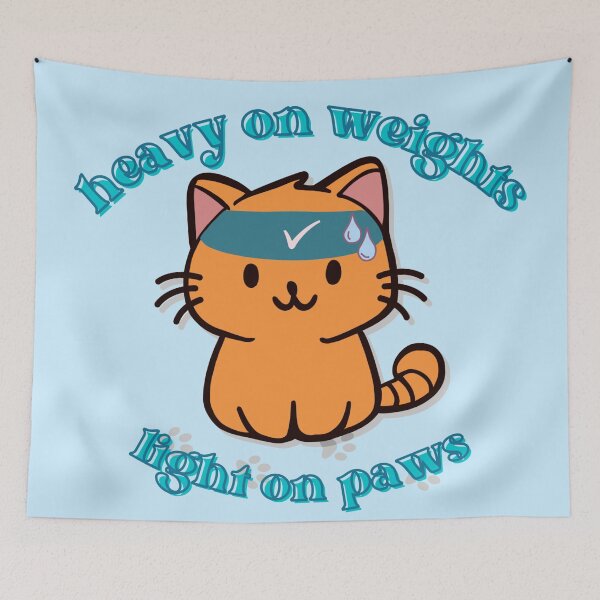 Item preview, cute gym orange cat with text heavy on weights light on paws and hes sweating designed and sold by cherrytheory.
