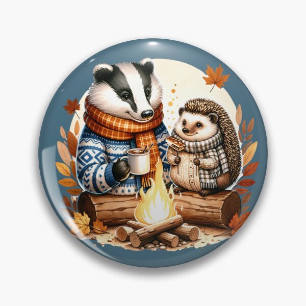 Item preview, Country badger and hedgehog toasting smores over a camp fire designed and sold by Britishdelights.