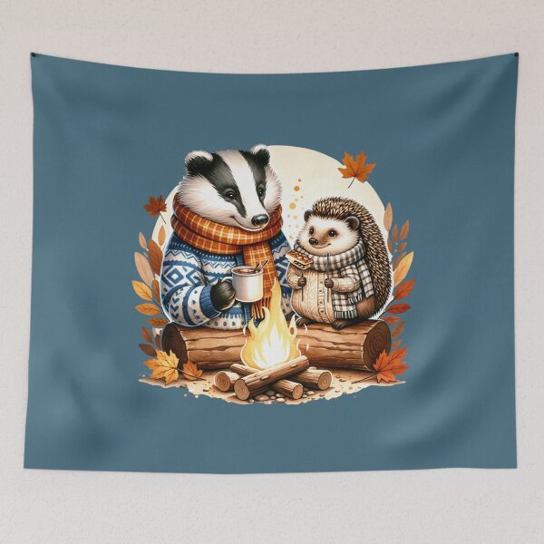 Item preview, Country badger and hedgehog toasting smores over a camp fire designed and sold by BritishDelights.
