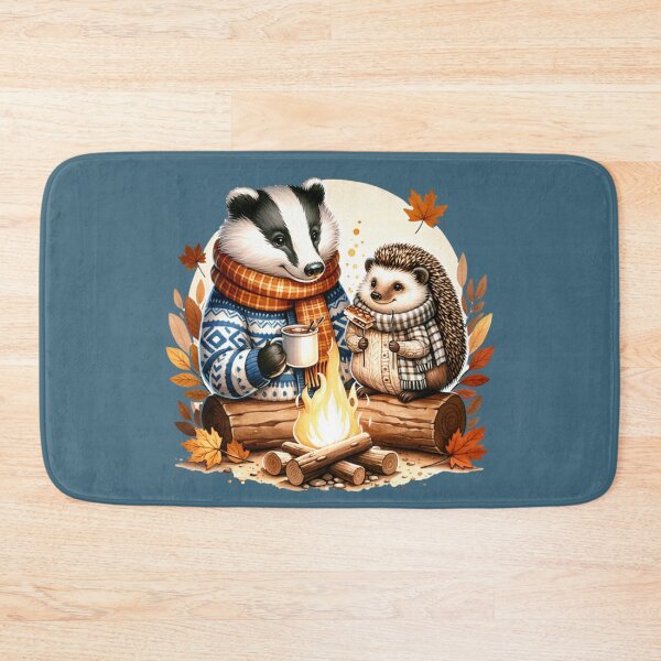 Item preview, Country badger and hedgehog toasting smores over a camp fire designed and sold by BritishDelights.