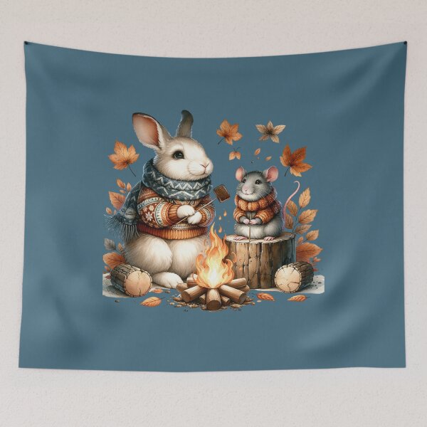 Item preview, Country rabbit and baby rat toasting smores over a camp fire designed and sold by BritishDelights.