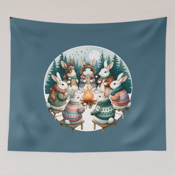 Item preview, Country rabbits toasting smores over a camp fire in the forest designed and sold by BritishDelights.
