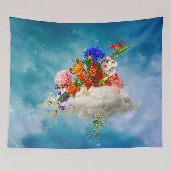 Aperçu de l'œuvre Lo que florece en el viento : œuvres d'art surréalistes composées de nuages et de fleurs vibrantes créée et vendue par seamless.