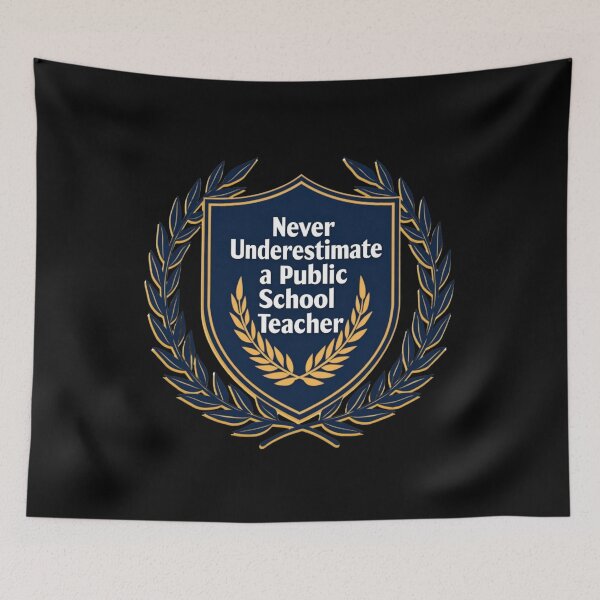 Item preview, "Unbreakable Spirit: Never Underestimate a Public School Teacher" Shield & Laurel Wreath T-Shirt designed and sold by AI-volution.