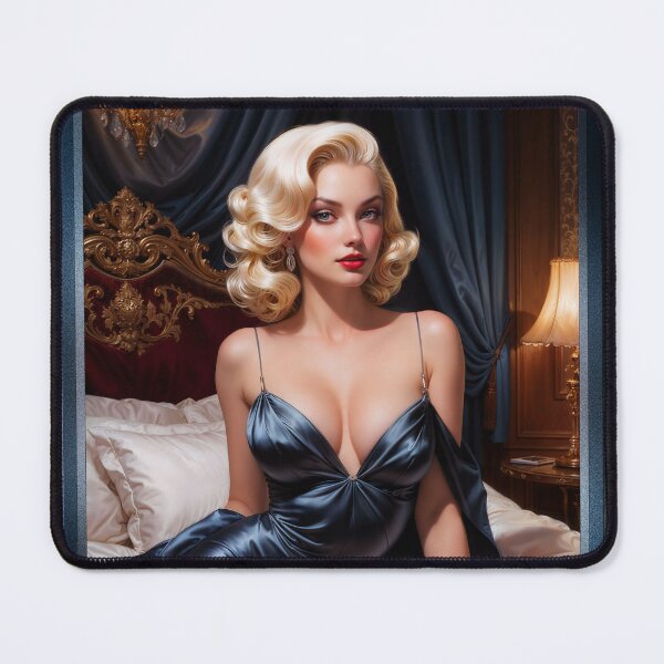 Item preview, Seductive Platinum Blonde Pin-Up In A Satin Blue Dress Gorgeous AI Concept Art by Xzendor7 designed and sold by Xzendor7 Digital Art Creations.
