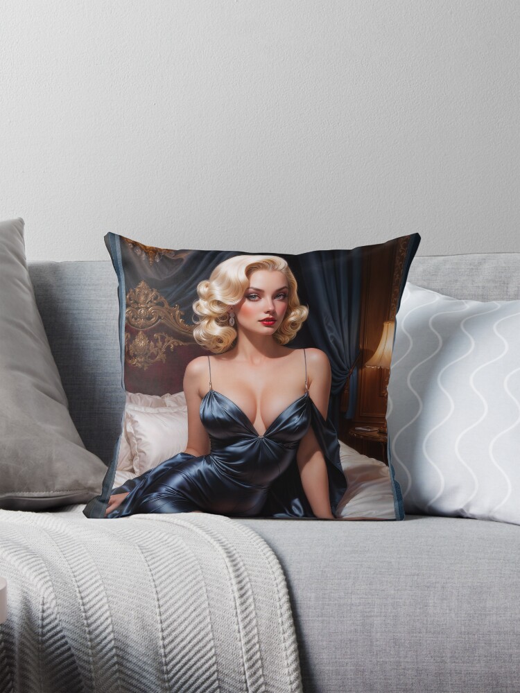 Seductive Platinum Blonde Pin-Up In A Satin Blue Dress Gorgeous AI Concept Art by Xzendor7 Decorative Art Print Throw Pillow