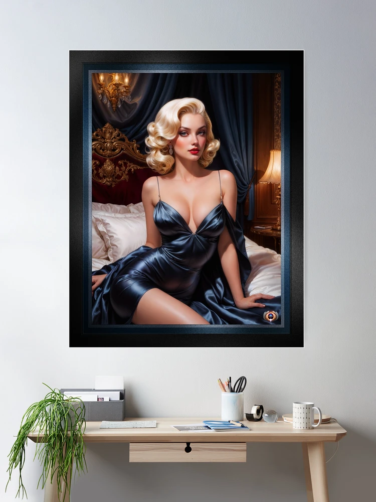 Seductive Platinum Blonde Pin-Up In A Satin Blue Dress Gorgeous AI Concept Art by Xzendor7 Wall Decor Poster Art Print