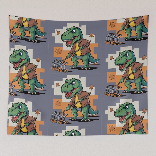 Item preview, Funny T-rex Dinosaur Raking Fall Leaves designed and sold by Nature's Fancy.