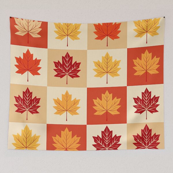 Item preview, A checkerboard pattern Desing with maple leaves in rich autumnal colors like red orange, and yellow.  designed and sold by HEMRO.