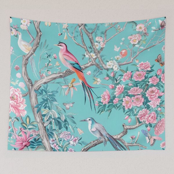 Item preview, Vintage Aqua and Pink Chinoiserie Forest with Birds designed and sold by TheChinoiserie.