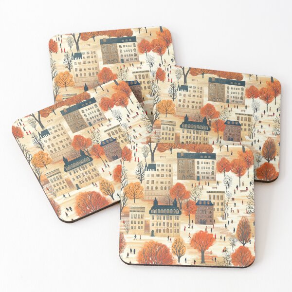 Item preview, Autumn City Park Illustration with Brownstones, People, Fall Trees designed and sold by artofclaire.
