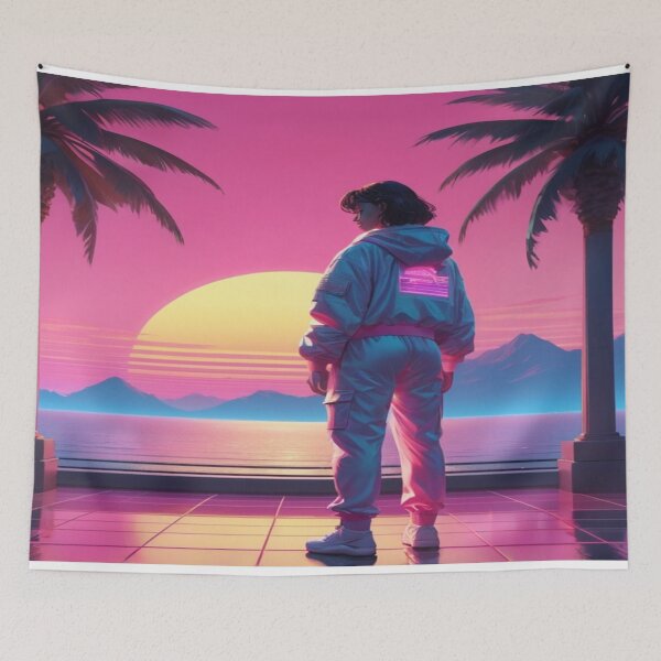 Artikelvorschau, Vaporwave-Sonnenuntergang mit Neon-Palmen und Gitter entworfen und verkauft von PrintPulse-9.