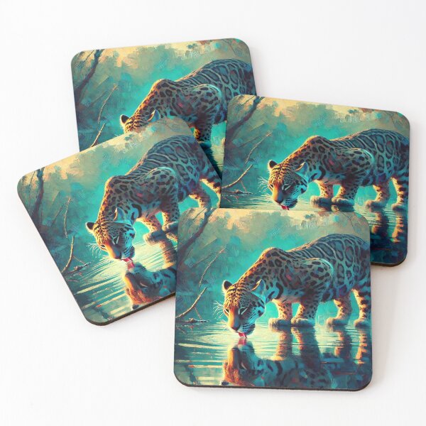 Item preview, Abstract Impressionist Jaguar Drinking at Dawn with Teal and Blue Tones designed and sold by takeng07.
