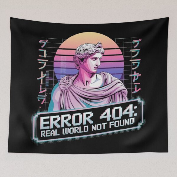 Item preview, Greek statue in the center, with pastel colors and Japanese fonts surrounding it. The text "Error 404: Real World Not Found" designed and sold by 123ks.