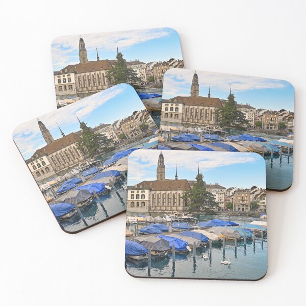 Item preview, Historic Zurich city center with famous Grossmunster churh and boats on the river Limmat, Switzerland designed and sold by goceris.