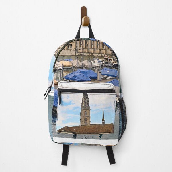Item preview, Historic Zurich city center with famous Grossmunster churh and boats on the river Limmat, Switzerland designed and sold by goceris.