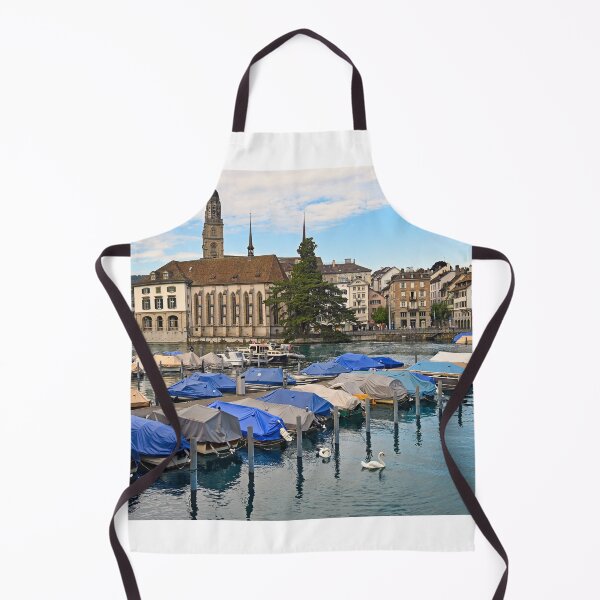 Item preview, Historic Zurich city center with famous Grossmunster churh and boats on the river Limmat, Switzerland designed and sold by goceris.