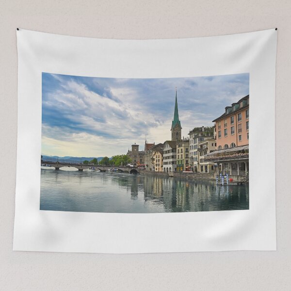 Item preview, Zurich view from the Limmat river with the view of Fraumunster church clock tower  designed and sold by goceris.