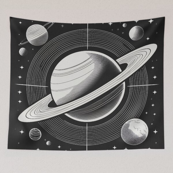 Item preview, A design of a flying in the space full view of Saturn with moon and planet in background, technical drawing. designed and sold by HEMRO.