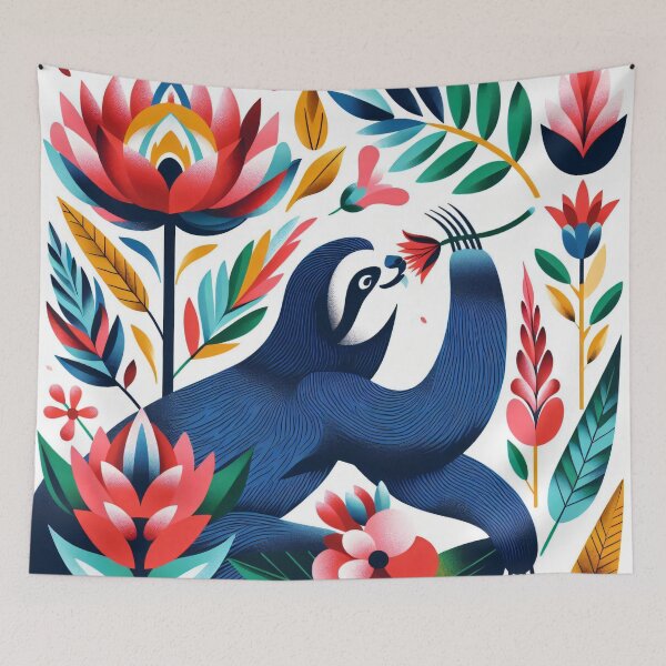 Item preview, Scandinavian Folk Art cute blue Sloth sniffing flowers by heidiannemorris designed and sold by FOLK ART FUSION by heidiannemorris.