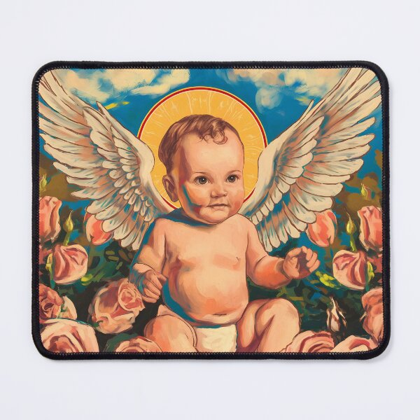 Item preview, Baby as an angel with with wings and with gloria among pink roses pastel oil painting under blue sky designed and sold by EvaAngel.