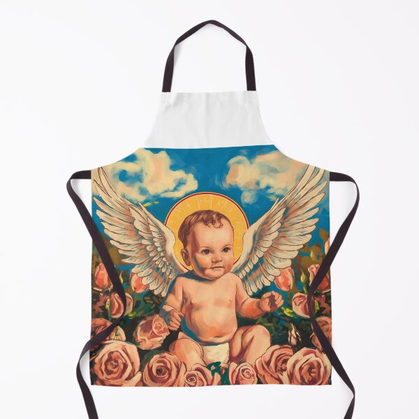 Item preview, Baby as an angel with with wings and with gloria among pink roses pastel oil painting under blue sky designed and sold by EvaAngel.