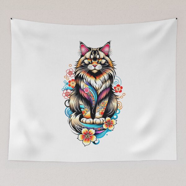 Artikelvorschau, Maine Coon im japanischen Stil, Katze mit Blumen entworfen und verkauft von LiluGross.