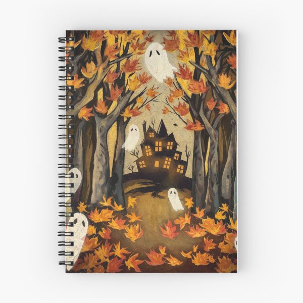 Item preview, Cute little ghost in autumn landscape with haunted house - Vintage Halloween Art. designed and sold by SaraSumi.
